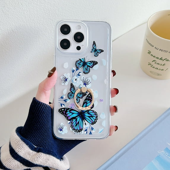 Clear Case Compatible with iPhone 12 Pro Max, Beautiful Butterflies Pattern Flexible TPU Shockproof Anti-Scratch Bumper Transparent Cover for iPhone 12 Pro Max with Ring Kickstand, C