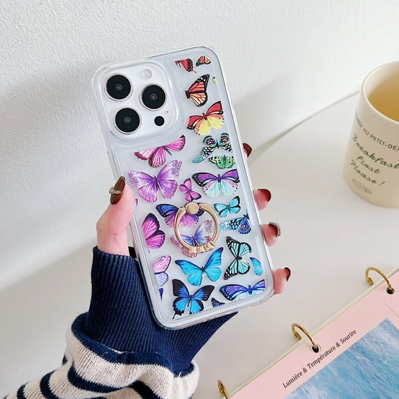 Clear Case Compatible with iPhone 12 Pro Max, Beautiful Butterflies Pattern Flexible TPU Shockproof Anti-Scratch Bumper Transparent Cover for iPhone 12 Pro Max with Ring Kickstand, A