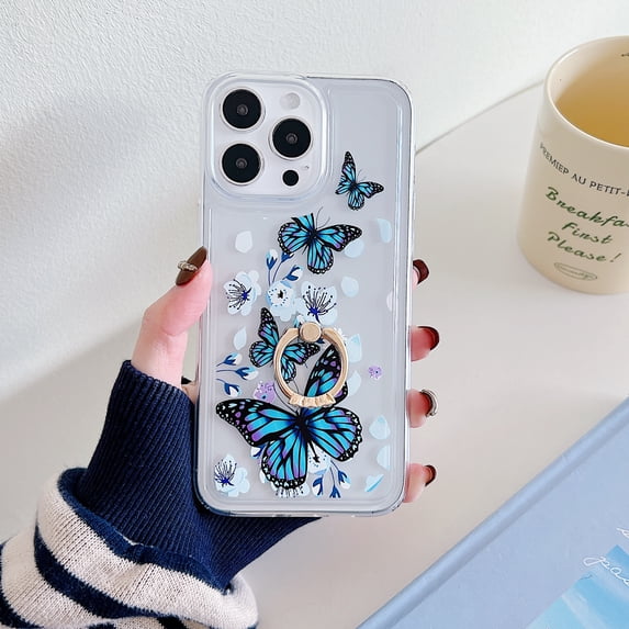 Clear Case Compatible with iPhone 14 Pro Max, Beautiful Butterflies Pattern Flexible TPU Shockproof Anti-Scratch Bumper Transparent Cover for iPhone 14 Pro Max with Ring Kickstand, C
