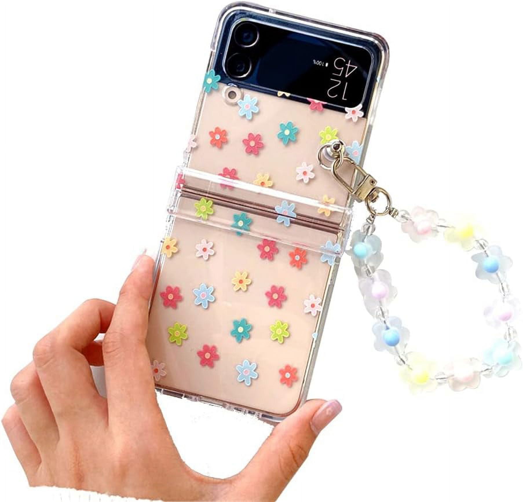 Clear Case for Galaxy Z Flip 3 Cute Flowers Print with Floral Strap