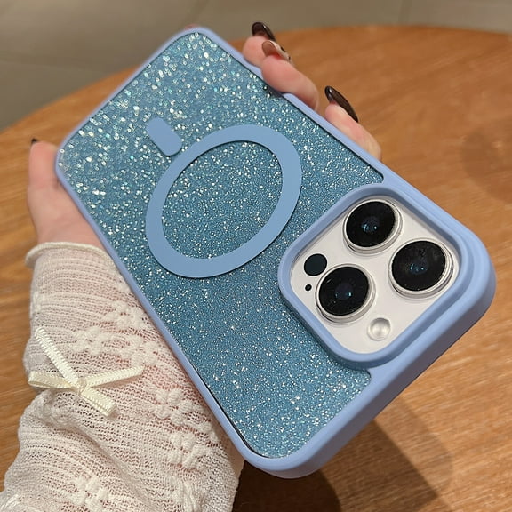 Clear Case with Glitter Paper for Apple iPhone 16 Plus, Compatible with Magsafe Anti-Yellow Hybrid Protection Shockproof Bumper Stylish Phone Case for iPhone 16 Plus, Blue