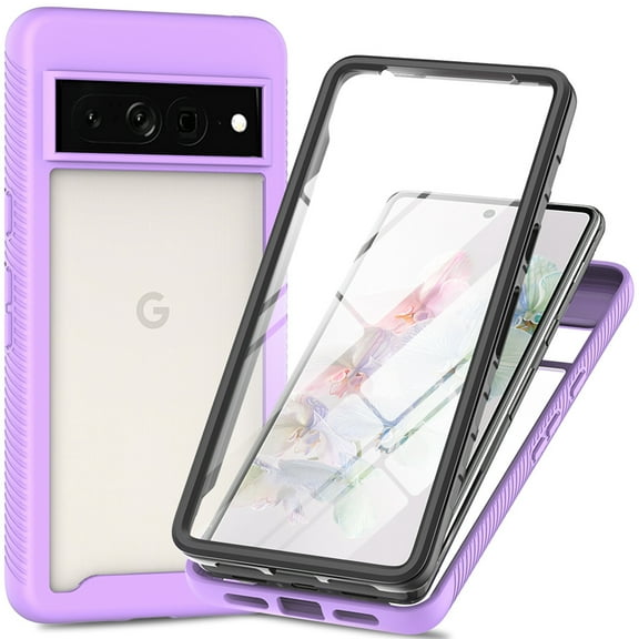 Clear Case for Google Pixel 8 Pro with Screen Protector, Dual-Layers Transparent Hybrid Rugged PC + Silicone Shockproof Case Military Grade Lens Protection Cover, Purple