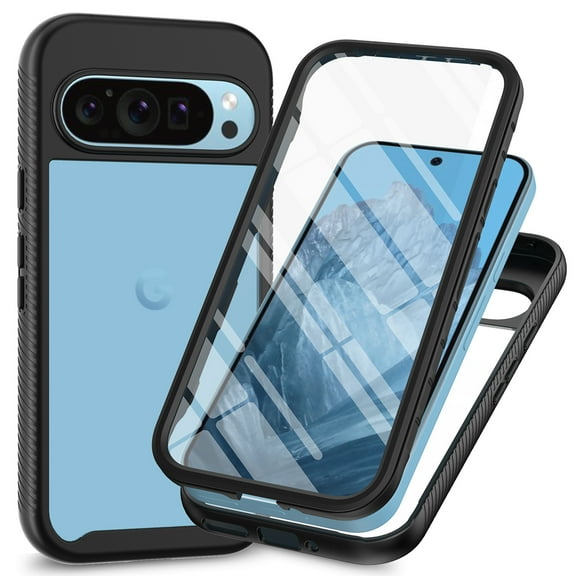 Clear Case for Google Pixel 9 / 9 Pro with Screen Protector, Dual-Layers Transparent Hybrid Rugged PC Silicone Shockproof Case Military Grade Lens Protection Cover for Google Pixel 9 / 9 Pro, Black