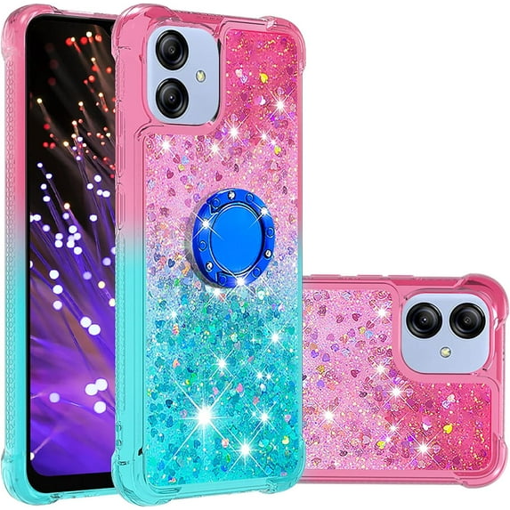 Clear Case for Samsung Galaxy A04e with Kickstand for Girls Women, Liquid Glitter Sparkle Bling Cute Case Gradient Quicksand Cover for Samsung Galaxy A04e/ M04/ F04 JB Powder Blue