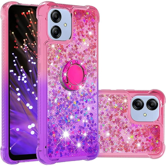 Clear Case for Samsung Galaxy A04e with Kickstand for Girls Women, Liquid Glitter Sparkle Bling Cute Case Gradient Quicksand Cover for Samsung Galaxy A04e/ M04/ F04 JB Pink Mauve