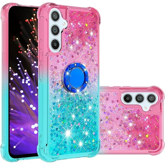 Clear Case for Samsung Galaxy A34 with Kickstand for Girls Women, Liquid Glitter Sparkle Bling Cute Case Gradient Quicksand Cover for Samsung Galaxy A34 JB Powder Blue