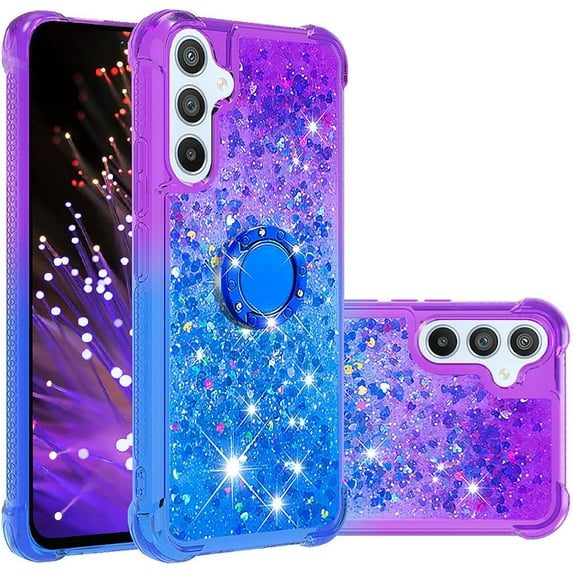 Clear Case for Samsung Galaxy A34 with Kickstand for Girls Women, Liquid Glitter Sparkle Bling Cute Case Gradient Quicksand Cover for Samsung Galaxy A34 JB Purple Navy