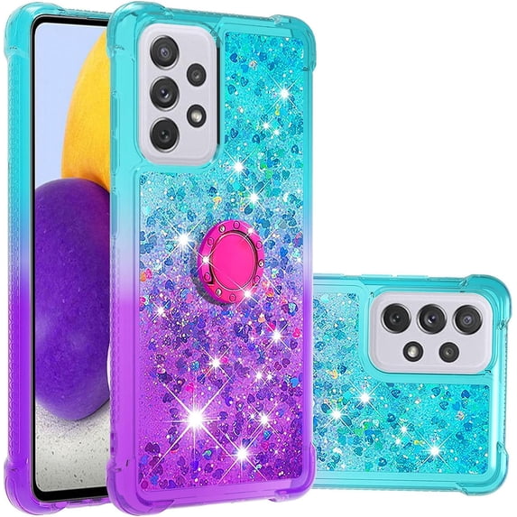 Clear Case for Samsung Galaxy A73 5G with Ring Kickstand, Girls Women Bling Gradient Quicksand Glitter Flowing Liquid Floating Case Cover for Samsung Galaxy A73 5G JB Bluish Violet