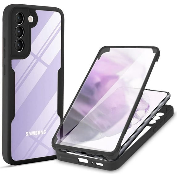 Clear Case for Samsung Galaxy S22 with Built-in Screen Protector, Slim Full Body Rugged Soft TPU Bumper Protective Phone Cover Case for Samsung Galaxy S22 QC Black