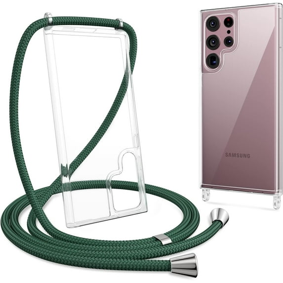 Clear Case for Samsung Galaxy S22 Ultra 5G with Adjustable Neck Lanyard Strap,Soft Slim TPU Shockproof Protective Cover for Samsung Galaxy S22 Ultra 5G-Dark Green