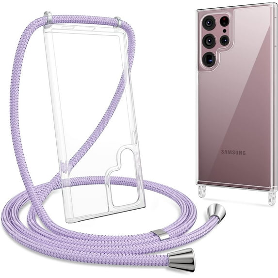 Clear Case for Samsung Galaxy S22 Ultra 5G with Adjustable Neck Lanyard Strap,Soft Slim TPU Shockproof Protective Cover for Samsung Galaxy S22 Ultra 5G-Purple