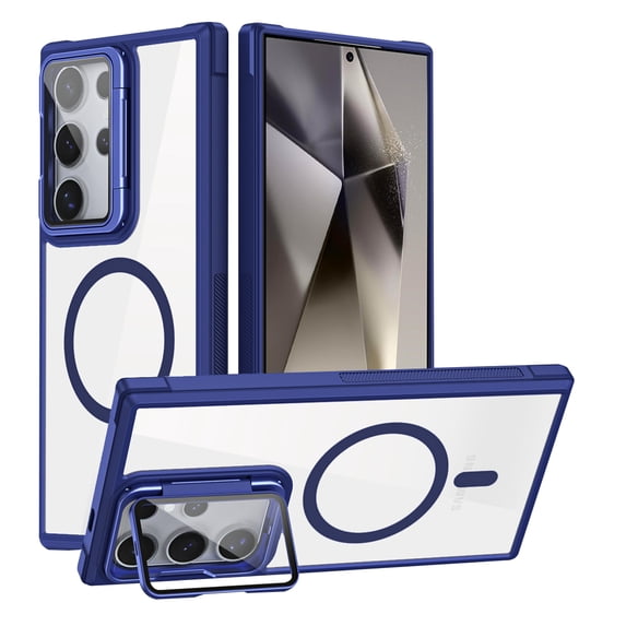 Clear Case for Samsung Galaxy S24 with Lens Kickstand and Camera Protector, MagSafe Compatible, Full Body Shockproof Cover, Military-Grade Protection Magnetic Phone Case for Galaxy S24, Blue