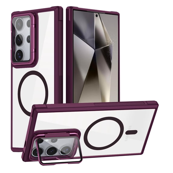 Clear Case for Samsung Galaxy S24 with Lens Kickstand and Camera Protector, MagSafe Compatible, Full Body Shockproof Cover, Military-Grade Protection Magnetic Phone Case for Galaxy S24, Winered