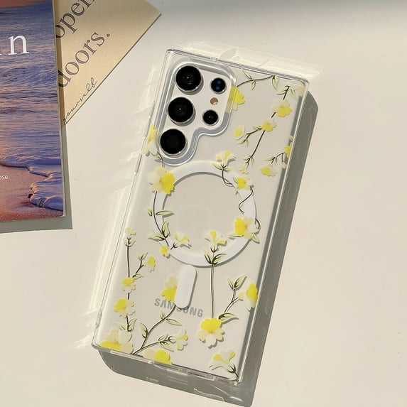 Clear Case for Samsung Galaxy S25+ Plus with Stylish Floral Pattern, Support Wireless Charging, Ultra Thin Lightweight Screen Lens Protection Shockproof Magnetic Case for Girls Women, Yellow Flower