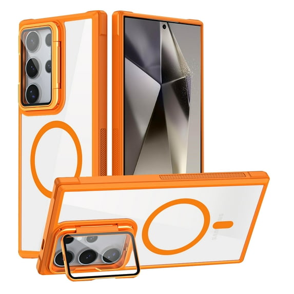 Clear Case for Samsung Galaxy S25 Ultra with Lens Kickstand and Camera Protector, MagSafe Compatible, Full Body Shockproof Cover, Military-Grade Protection Magnetic Phone Case, Orange