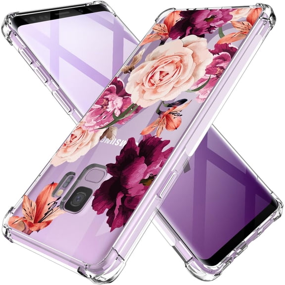 Clear Case for Samsung Galaxy S9, Airbags Corners Shockproof Bumper Protective Cover Hybrid Design Hard PC Back + Flexible TPU Frame Red Flower Floral Design