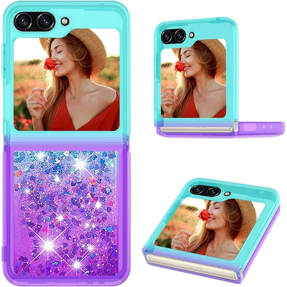Clear Case for Samsung Galaxy Z Flip 5 5G for Girls Women, Liquid Glitter Sparkle Bling Cute Case Gradient Quicksand Cover for Samsung Galaxy Z Flip5 5G JB Bluish Violet