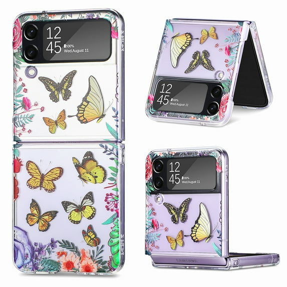 Clear Case for Samsung Galaxy Z Flip4, Butterflies Floral Pattern Transparent Slim Lightweight Cover with Anti-Slip Sticker Rugged PC Shockproof Anti-Yellowing Folding Case, Yellow