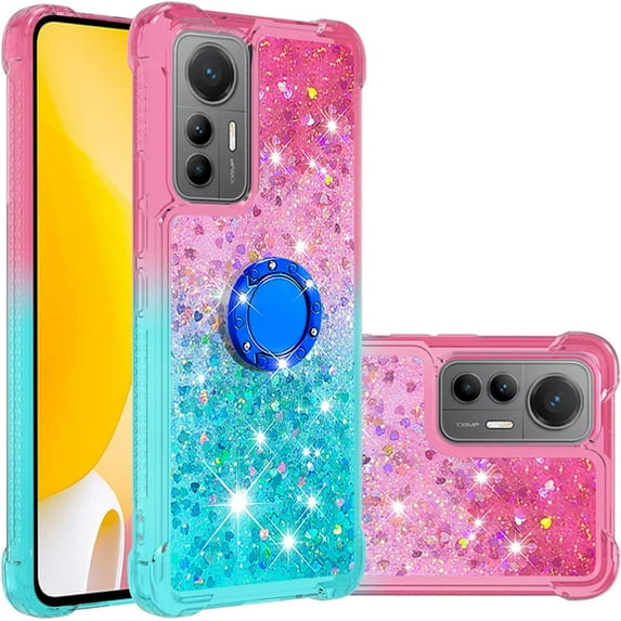 Clear Case for Xiaomi 12 Lite (Not Xiaomi 12) with Kickstand for Girls Women, Floating Liquid Holographic Sparkle Glitter Case Bling Gradient Quicksand Cover for Xiaomi 12 Lite JB Powder Blue