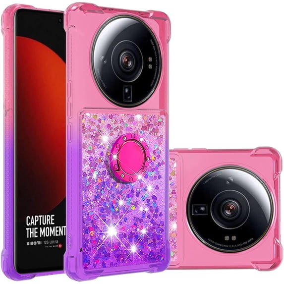 Clear Case for Xiaomi 12S Ultra with Kickstand for Girls Women, Floating Liquid Holographic Sparkle Glitter Case Bling Gradient Quicksand Cover for Xiaomi 12S Ultra JB Pink Mauve