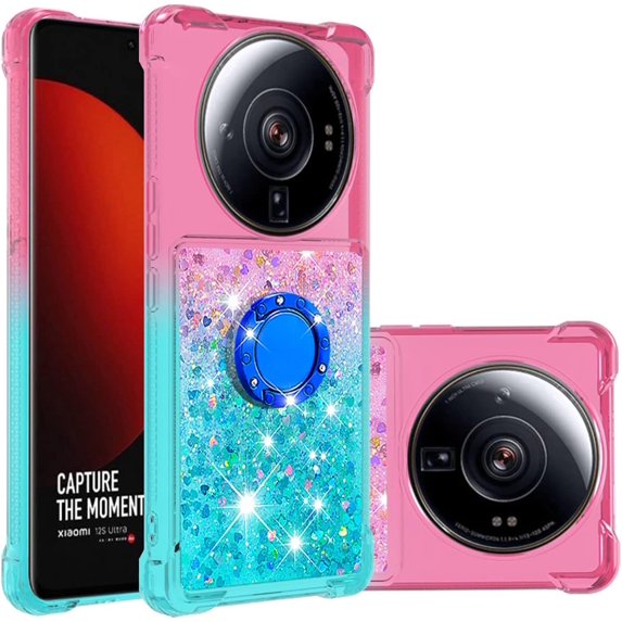 Clear Case for Xiaomi 12S Ultra with Kickstand for Girls Women, Floating Liquid Holographic Sparkle Glitter Case Bling Gradient Quicksand Cover for Xiaomi 12S Ultra JB Powder Blue
