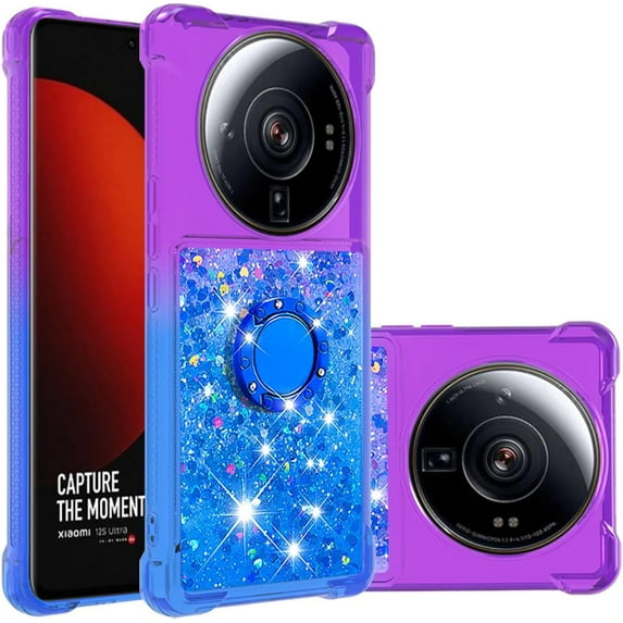 Clear Case for Xiaomi 12S Ultra with Kickstand for Girls Women, Floating Liquid Holographic Sparkle Glitter Case Bling Gradient Quicksand Cover for Xiaomi 12S Ultra JB Purple Navy