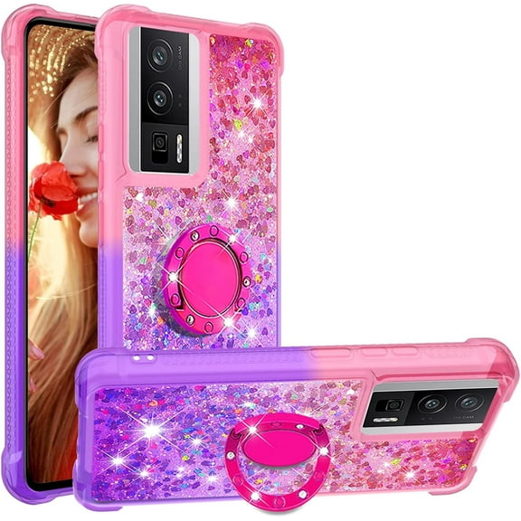 Clear Case for Xiaomi Poco F5 Pro 5G with Kickstand for Girls Women, Liquid Glitter Sparkle Bling Cute Case Gradient Quicksand Cover for Xiaomi Poco F5 Pro 5G JB Pink Mauve