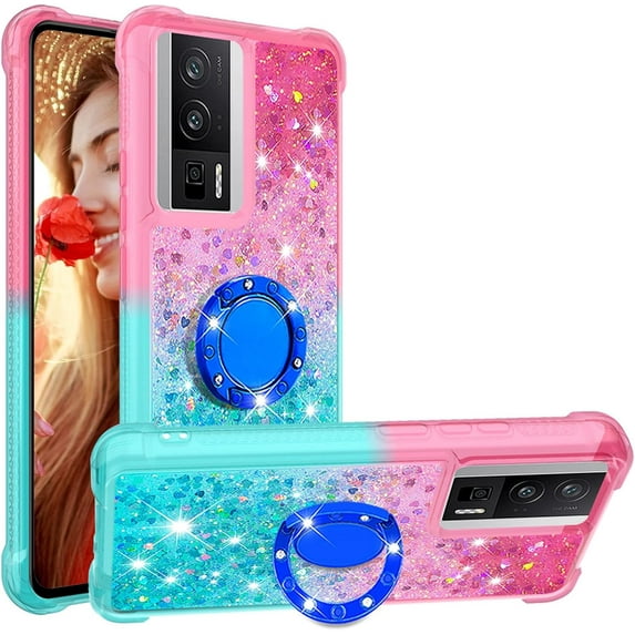 Clear Case for Xiaomi Poco F5 Pro 5G with Kickstand for Girls Women, Liquid Glitter Sparkle Bling Cute Case Gradient Quicksand Cover for Xiaomi Poco F5 Pro 5G JB Powder Blue