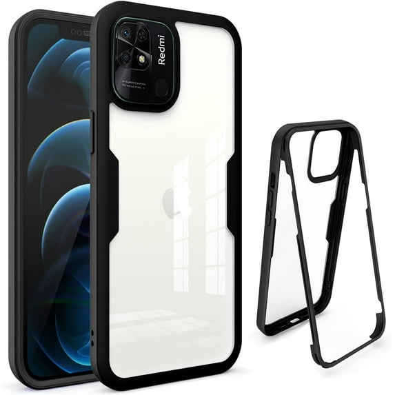 Clear Case for Xiaomi Redmi 10C with Built-in Screen Protector, Slim Full Body Rugged Soft TPU Bumper Protective Phone Cover Case for Xiaomi Redmi 10C QC Black