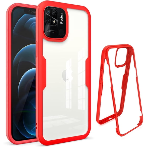 Clear Case for Xiaomi Redmi 10C with Built-in Screen Protector, Slim Full Body Rugged Soft TPU Bumper Protective Phone Cover Case for Xiaomi Redmi 10C QC Red
