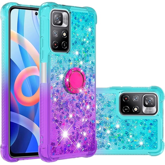Clear Case for Xiaomi Redmi Note 11 4G with Ring Kickstand, Bling Gradient Quicksand Glitter Flowing Liquid Floating Case Cover for Xiaomi Redmi Note 11 4G/Note 11S JB Bluish Violet
