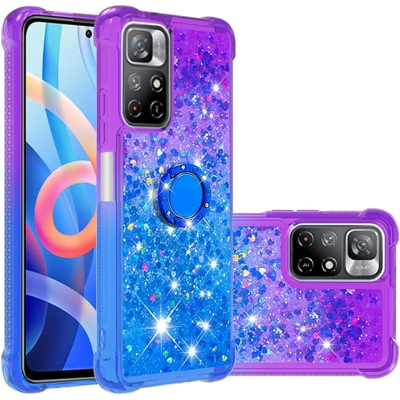 Clear Case for Xiaomi Redmi Note 11 4G with Ring Kickstand, Bling Gradient Quicksand Glitter Flowing Liquid Floating Case Cover for Xiaomi Redmi Note 11 4G/Note 11S JB Purple Navy