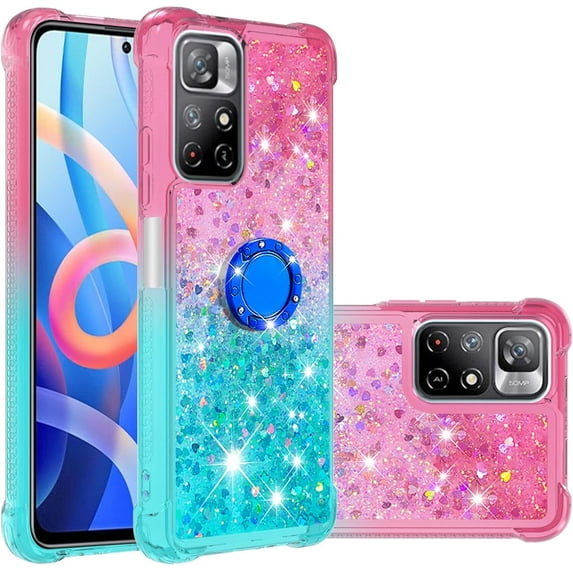 Clear Case for Xiaomi Redmi Note 11 Pro with Ring Kickstand, Bling Gradient Quicksand Glitter Flowing Liquid Floating Case Cover for Xiaomi Redmi Note 11 Pro/Note Pro+ Powder Blue