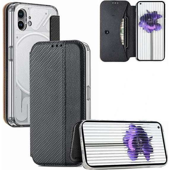 Clear Case for Nothing Phone 1 with Card Holder, Fiber Pattern PU Leather Wallet Flip Shockproof Phone case Cover for Nothing Phone 1 QW Black