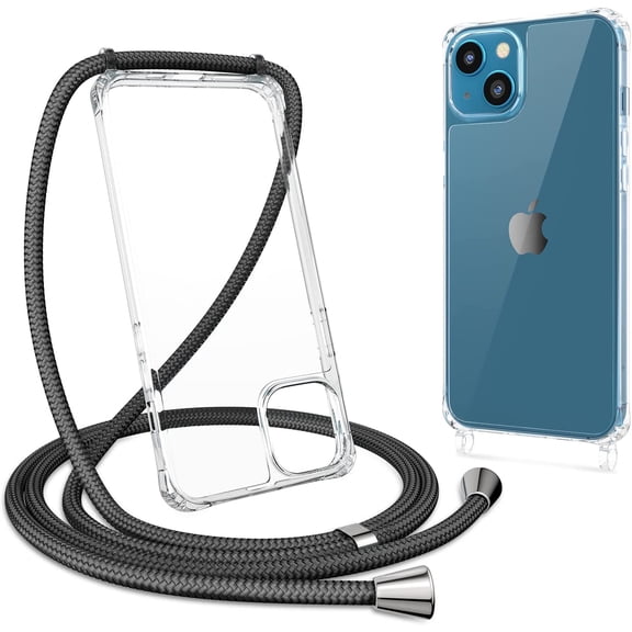 Clear Case for iPhone 14 Plus with Adjustable Neck Lanyard Strap,Soft Slim TPU Shockproof Protective Cover for iPhone 14 Plus 6.7 inch-Black