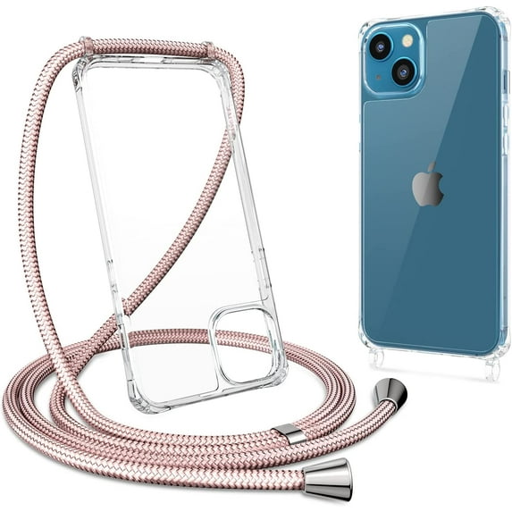 Clear Case for iPhone 14 Plus with Adjustable Neck Lanyard Strap,Soft Slim TPU Shockproof Protective Cover for iPhone 14 Plus 6.7 inch-Rose Gold