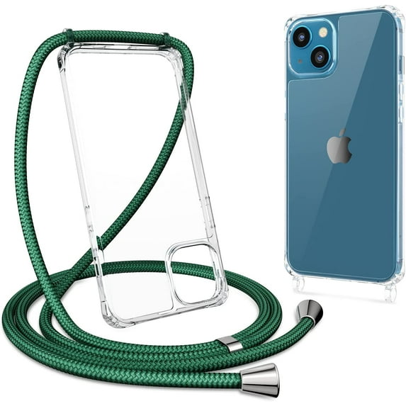 Clear Case for iPhone 14 with Adjustable Neck Lanyard Strap,Soft Slim TPU Shockproof Protective Cover for iPhone 14 6.1 inch-Dark Green
