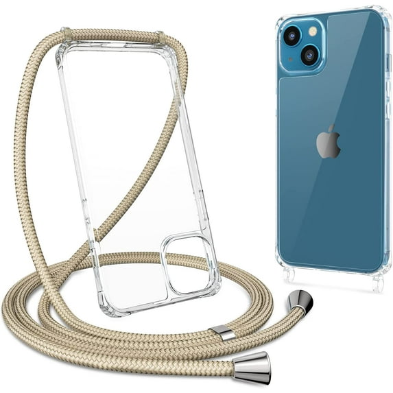 Clear Case for iPhone 14 with Adjustable Neck Lanyard Strap,Soft Slim TPU Shockproof Protective Cover for iPhone 14 6.1 inch-Khaki