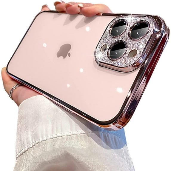 Clear Case for iPhone 12 Pro Case Glitter,Luxury Cute Sparkle Rhinestone Case with Bling Camera Lens Protector Design for Women Girly,Rose Gold,6.1 Inch