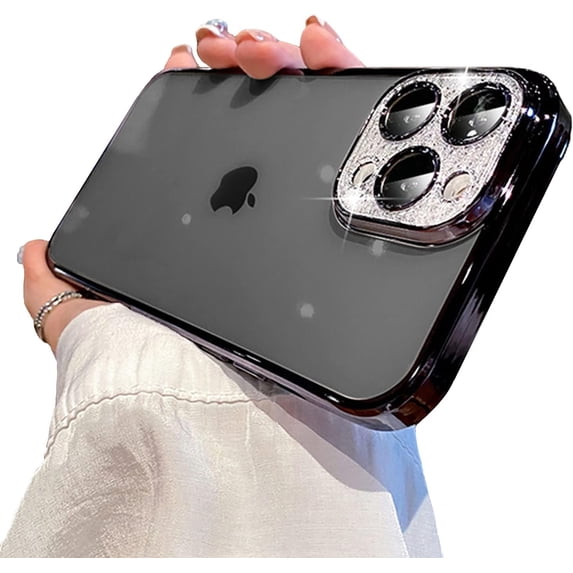 Clear Case for iPhone 12 Pro Max Case Glitter,Luxury Cute Sparkle Rhinestone Case with Bling Camera Lens Protector Design for Women Girly,Black,6.7 Inch