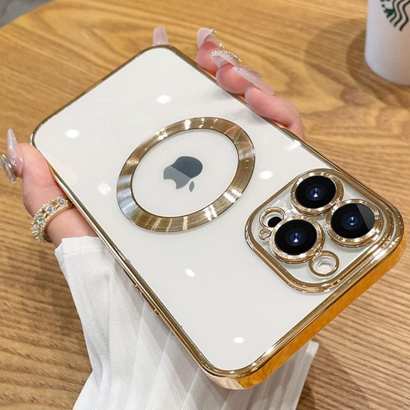 Clear Case for iPhone 13 Pro Built-in Camera Lens Protector Magnetic Case Compatible with MagSafe Elegant Protection Case Cover for iPhone 13 Pro 6.1 Inches - Gold