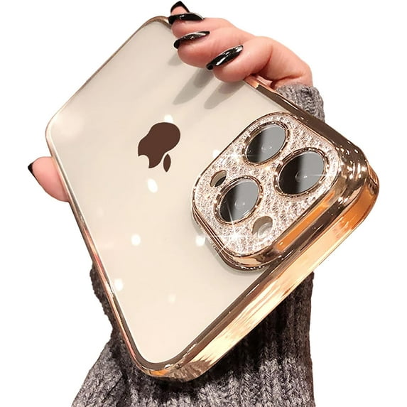 Clear Case for iPhone 13 Pro Max Case Glitter,Luxury Cute Sparkle Rhinestone Case with Bling Camera Lens Protector Design for Women Girly,Gold,6.7 Inch