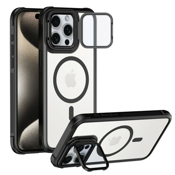 Clear Case for iPhone 14 with Lens Kickstand and Camera Protector, MagSafe Compatible, Full Body Shockproof Cover, Military-Grade Protection Magnetic Phone Case for iPhone 14, Black