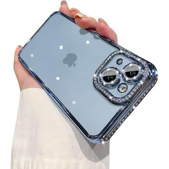 Clear Case for iPhone 14 Plus Phone Case with Glitter Diamond Camera Protector,Bling Crystal Clear Cute Phone Case Shockproof Sparkle for iPhone 14 Plus 6.7''-Blue