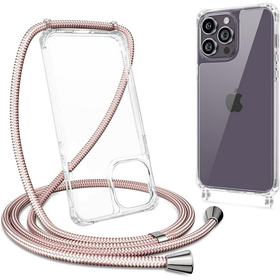 Clear Case for iPhone 14 Pro Max with Adjustable Neck Lanyard Strap,Soft Slim TPU Shockproof Protective Cover for iPhone 14 Pro Max 6.7 inch-Rose Gold