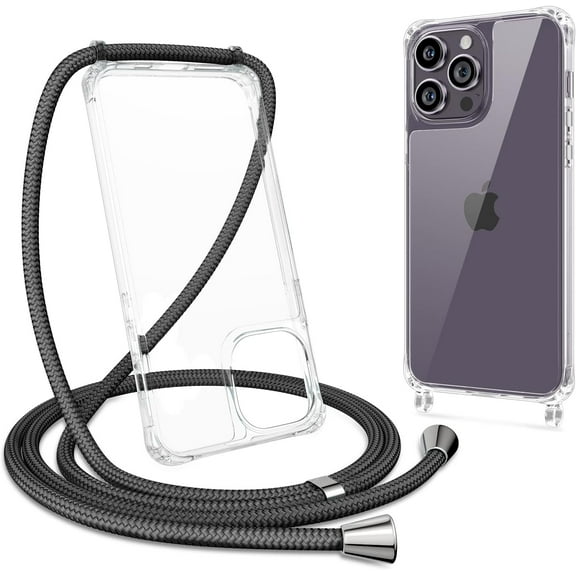Clear Case for iPhone 14 Pro, iPhone 14 Pro Case with Adjustable Neck Lanyard Strap,Soft Slim TPU Shockproof Protective Cover for iPhone 14 Pro 6.1 inch-Black