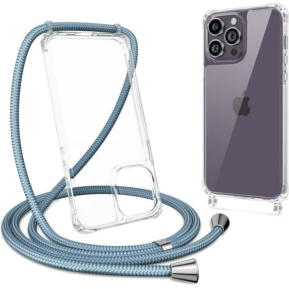 Clear Case for iPhone 14 Pro, iPhone 14 Pro Case with Adjustable Neck Lanyard Strap,Soft Slim TPU Shockproof Protective Cover for iPhone 14 Pro 6.1 inch-Grey Blue