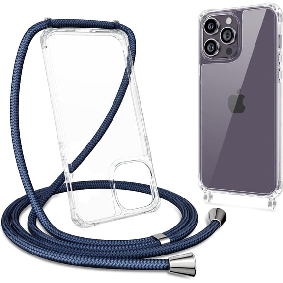 Clear Case for iPhone 14 Pro, iPhone 14 Pro Case with Adjustable Neck Lanyard Strap,Soft Slim TPU Shockproof Protective Cover for iPhone 14 Pro 6.1 inch-Navy Blue