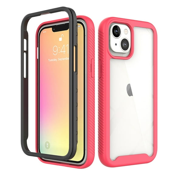 Clear Case for iPhone 14 with Tempered Glass Screen Protector, High-Transparency Hybrid Rugged PC + TPU Military Grade Shockproof Cover, Dual-Layers Lens Protection Non-Yellowing Case, Rose