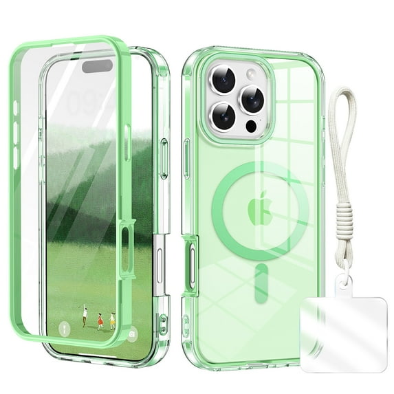 Clear Case for iPhone 15 Pro Max with Hand Strap, Compatible with Mag-Safe iPhone 15 Pro Max Cover, Shockproof Anti-Yellow TPU Bumper Protective Phone Case for Apple iPhone 15 Pro Max,Green